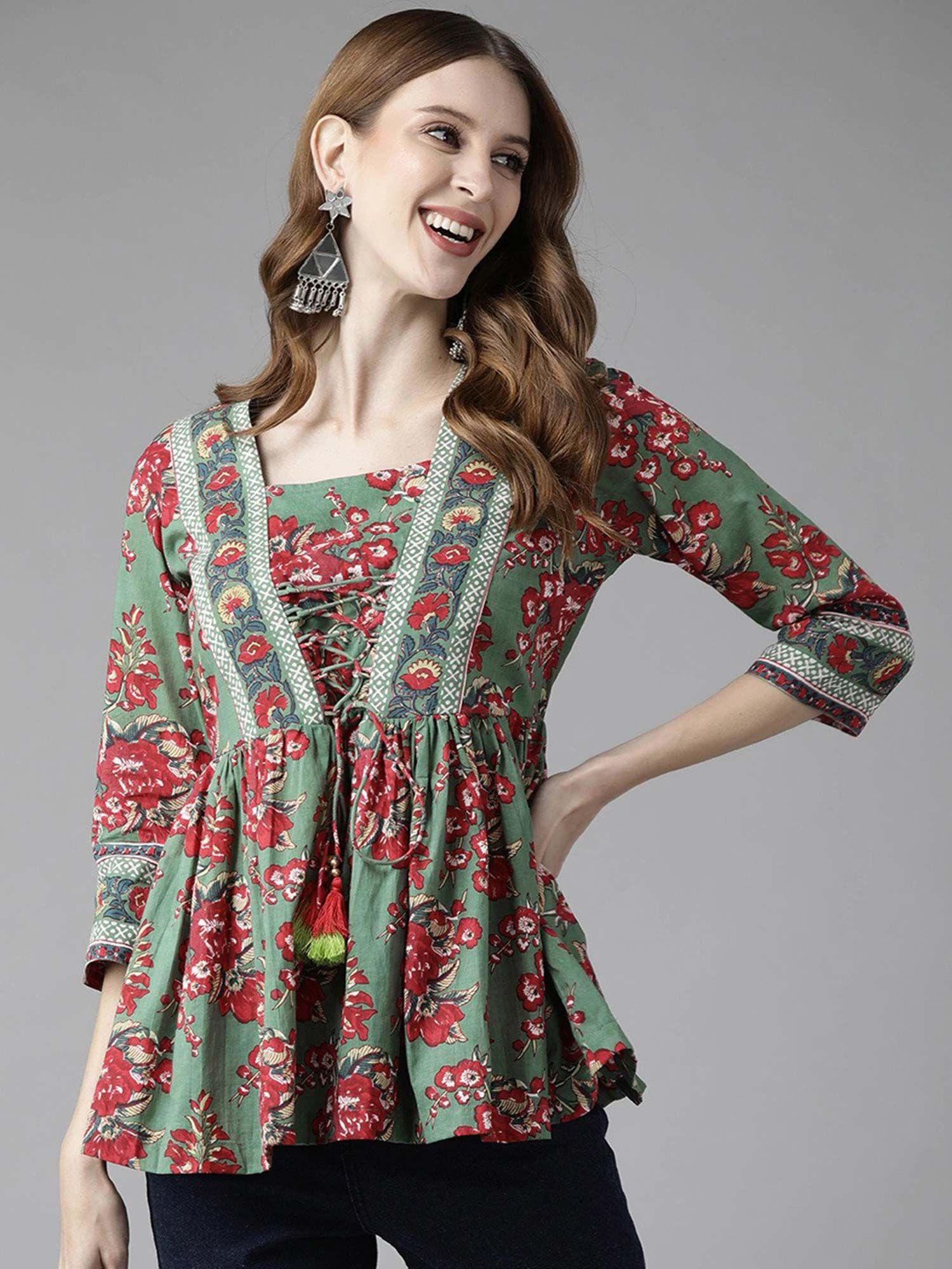 women green & red gather a-line print top