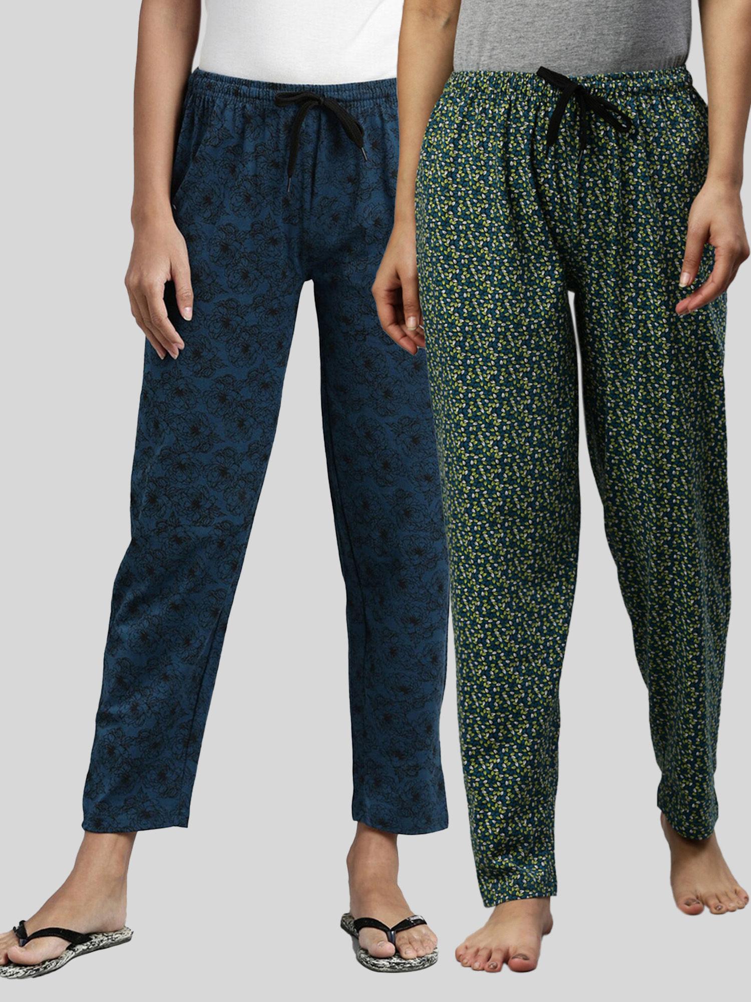 women green & teal blue printed pure cotton lounge pants (pack of 2)