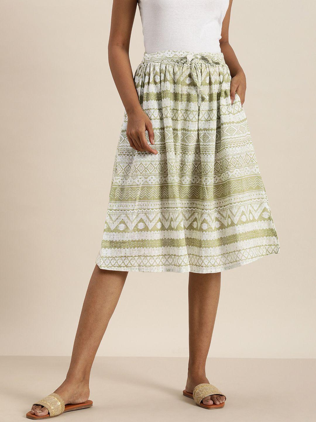 women green & white block print legacy flared sustainable  skirt with gathers with pocket