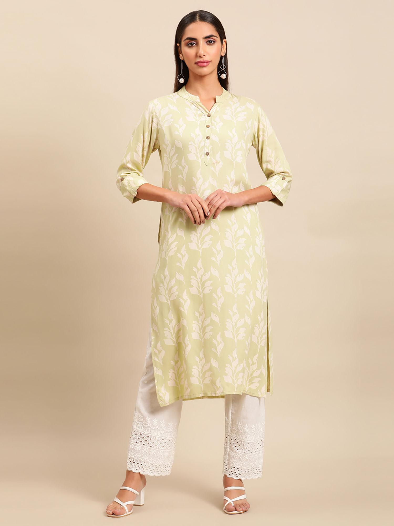 women green & white floral printed straight kurta