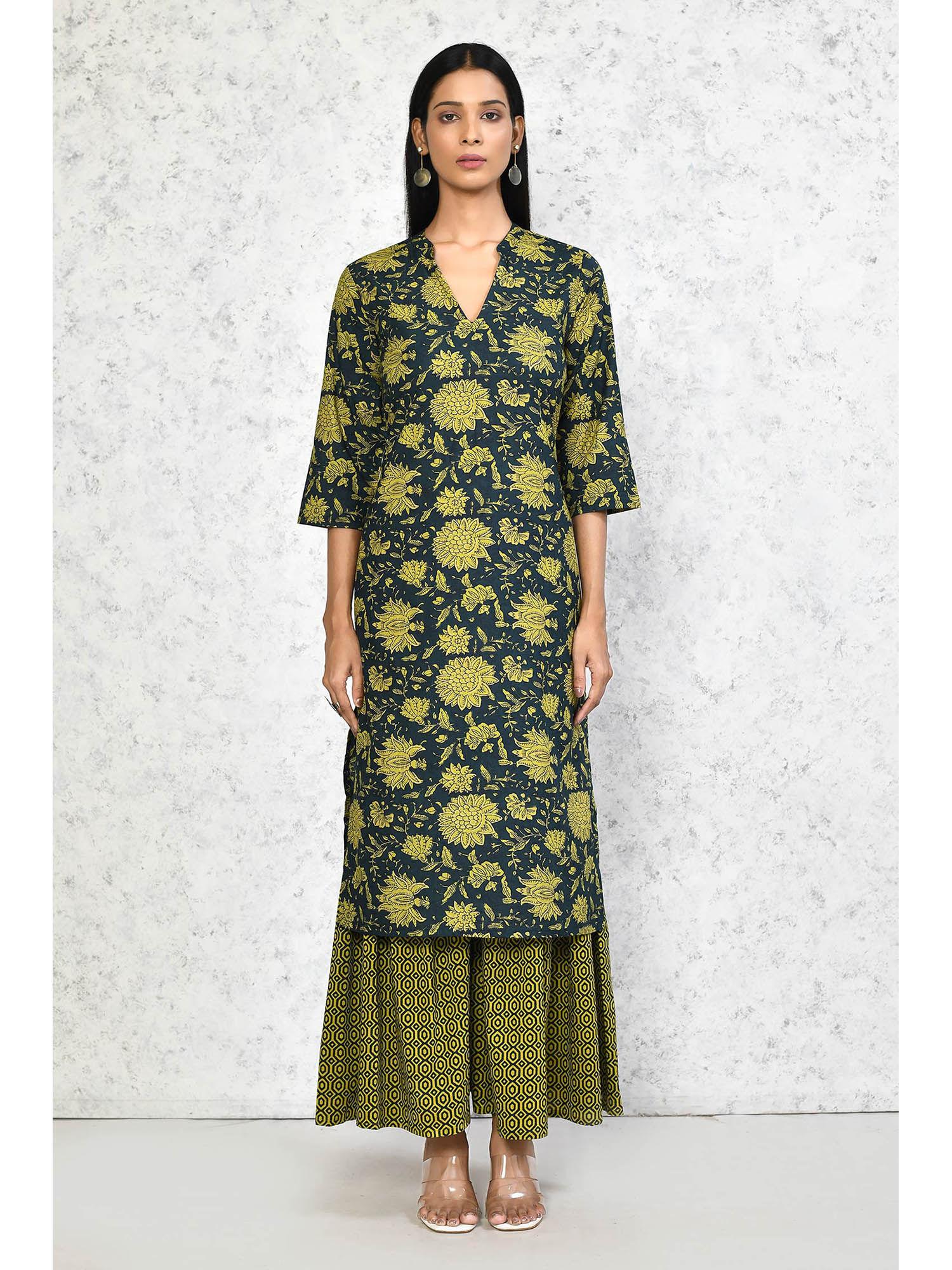 women green & yellow floral printed pure cotton kurta with sharara (set of 2)