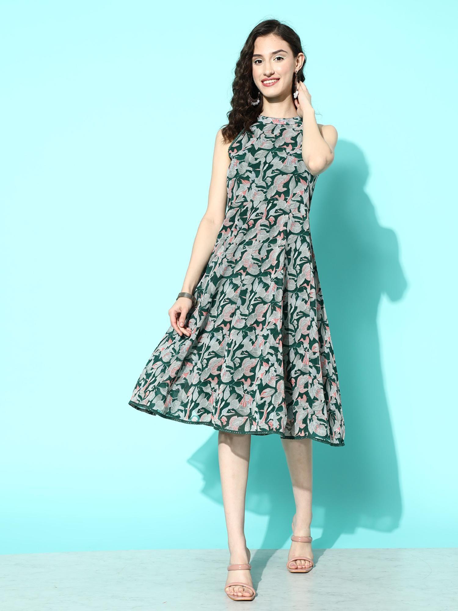 women green abstract printed round neck a-line dress