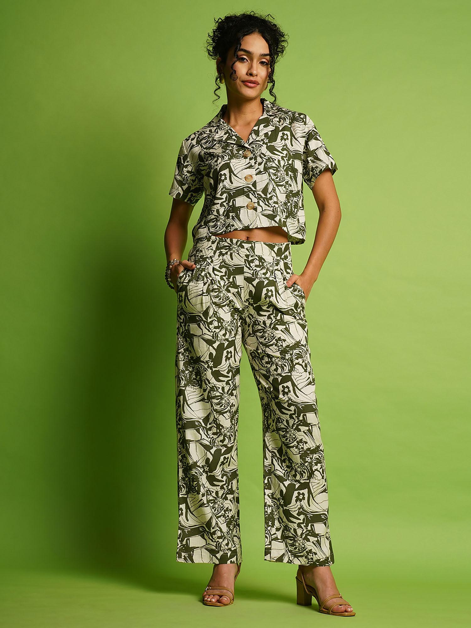 women green abstract printed shirt and trousers (set of 2)