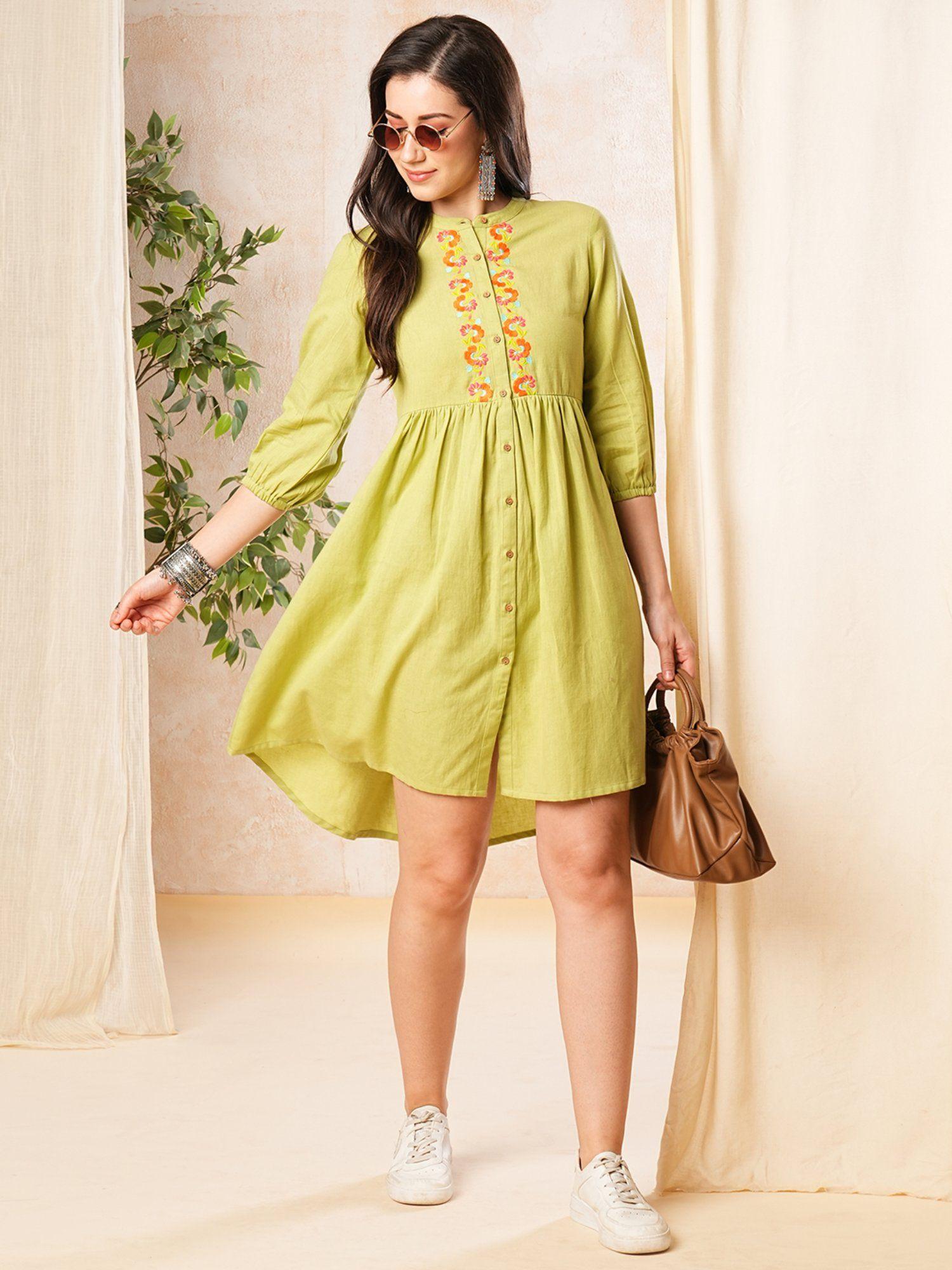 women green band collar embroidered yoke placket dress