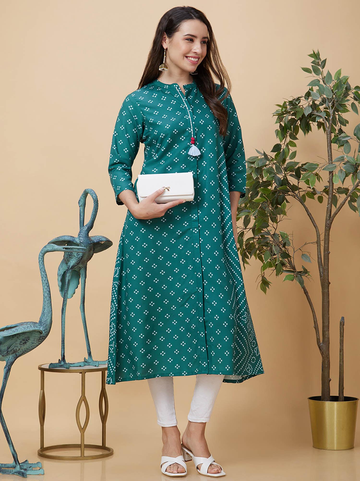 women green bandhani print mandarin collar kantha stitch a-line kurta