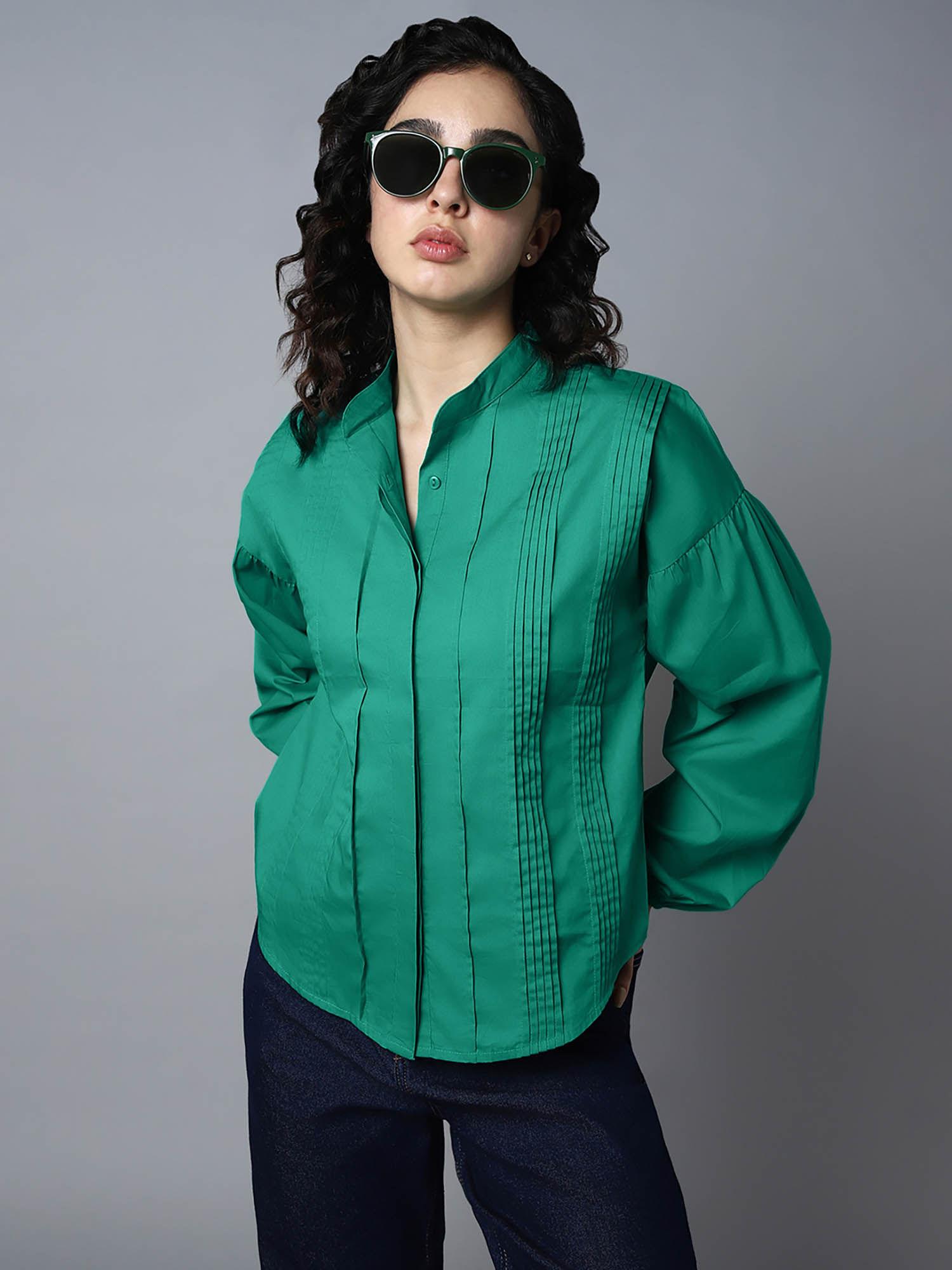 women green boxy long sleeves spread collar cotton shirts