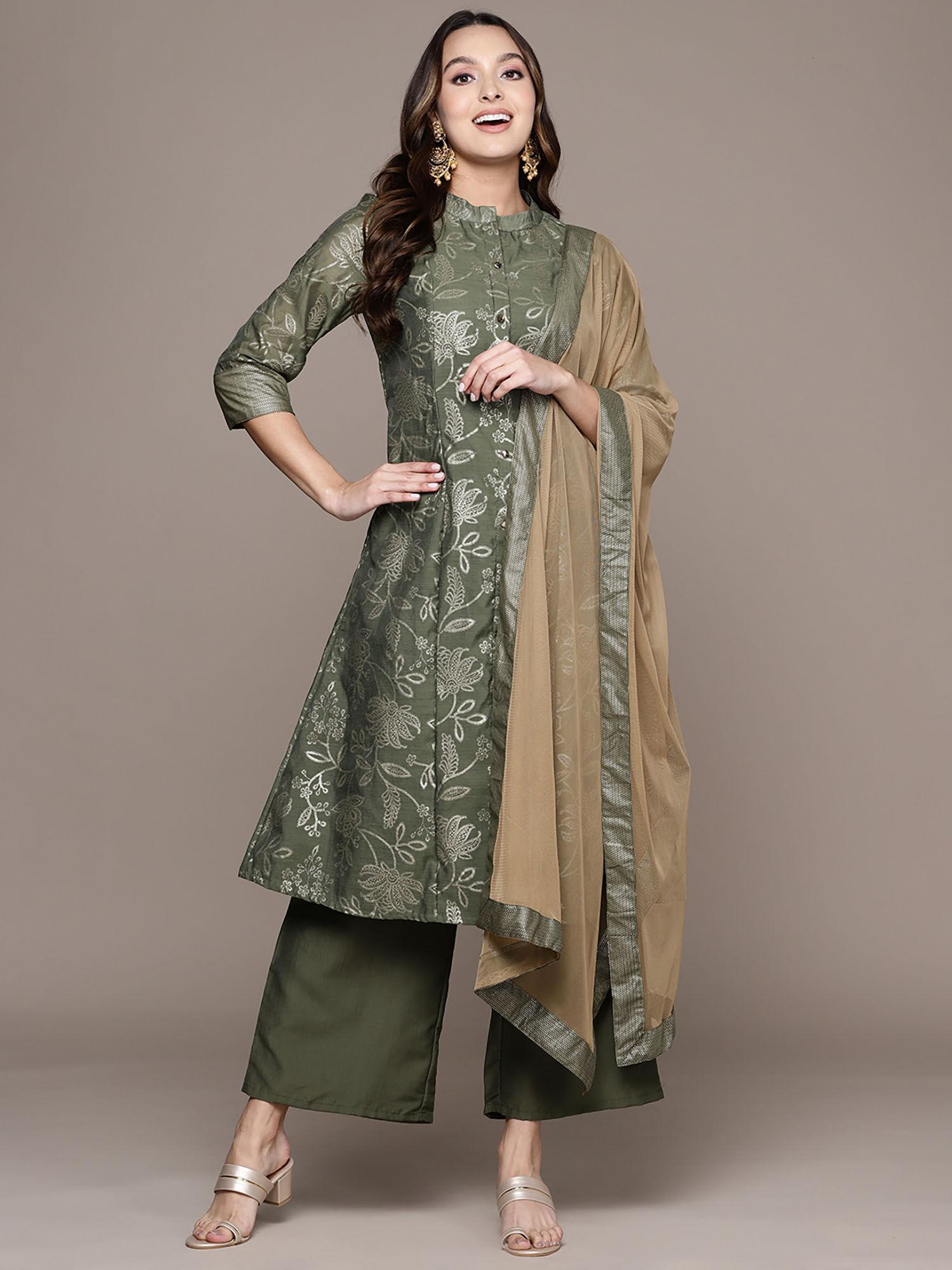 women green chanderi panelled kurta palazzo and dupatta (set of 3)