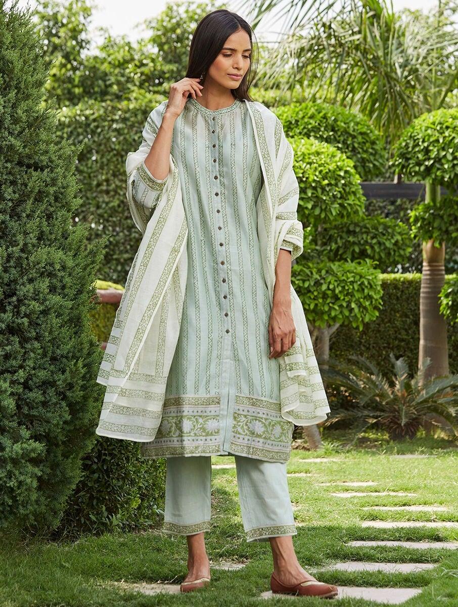 women green chanderi silk block print round neck straight kurta, slip , pants & dupatta