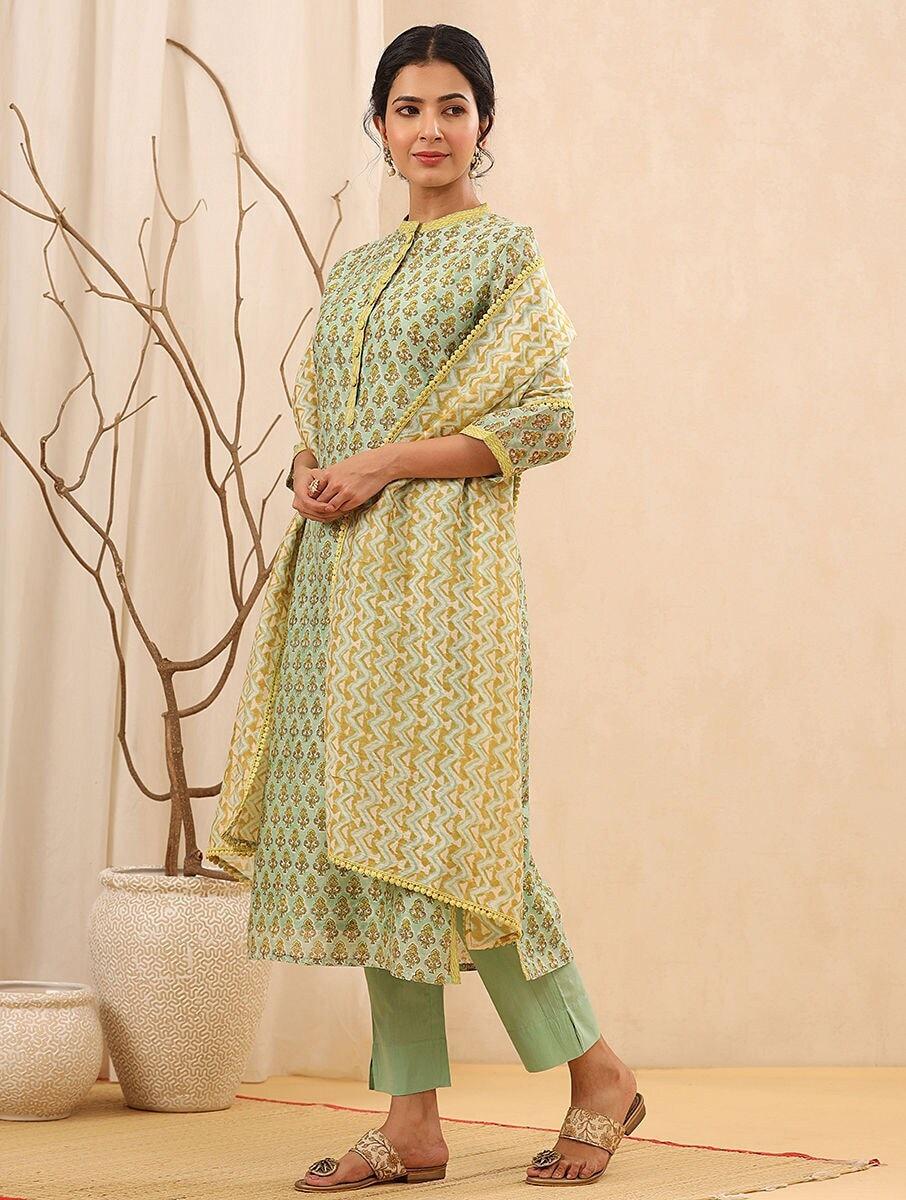 women green chanderi silk block print round neck straight kurta , pant & dupatta