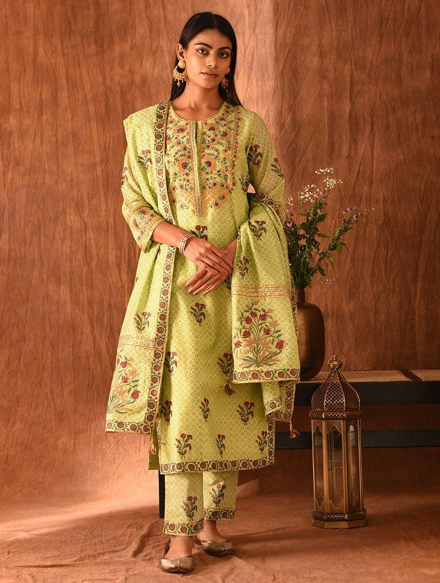 women green chanderi silk block print round neck straight regular kurta, pants & dupatta