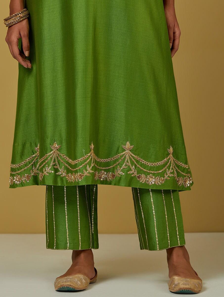 women green chanderi silk embroidered ankle length regular fit pants
