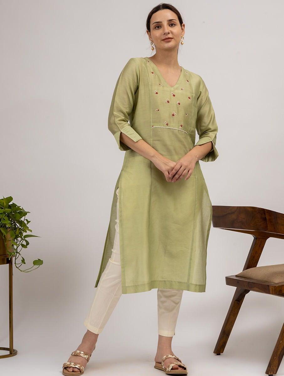 women green chanderi silk hand embroidery v neck straight kurta and slip