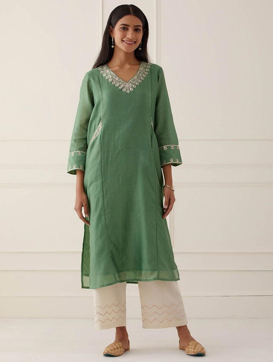 women green chanderi silk hand embroidery v neck straight kurta with pants