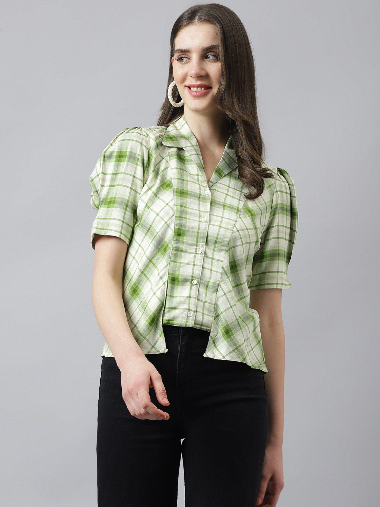 women green check shirt top with short puffer sleeves & collared neck