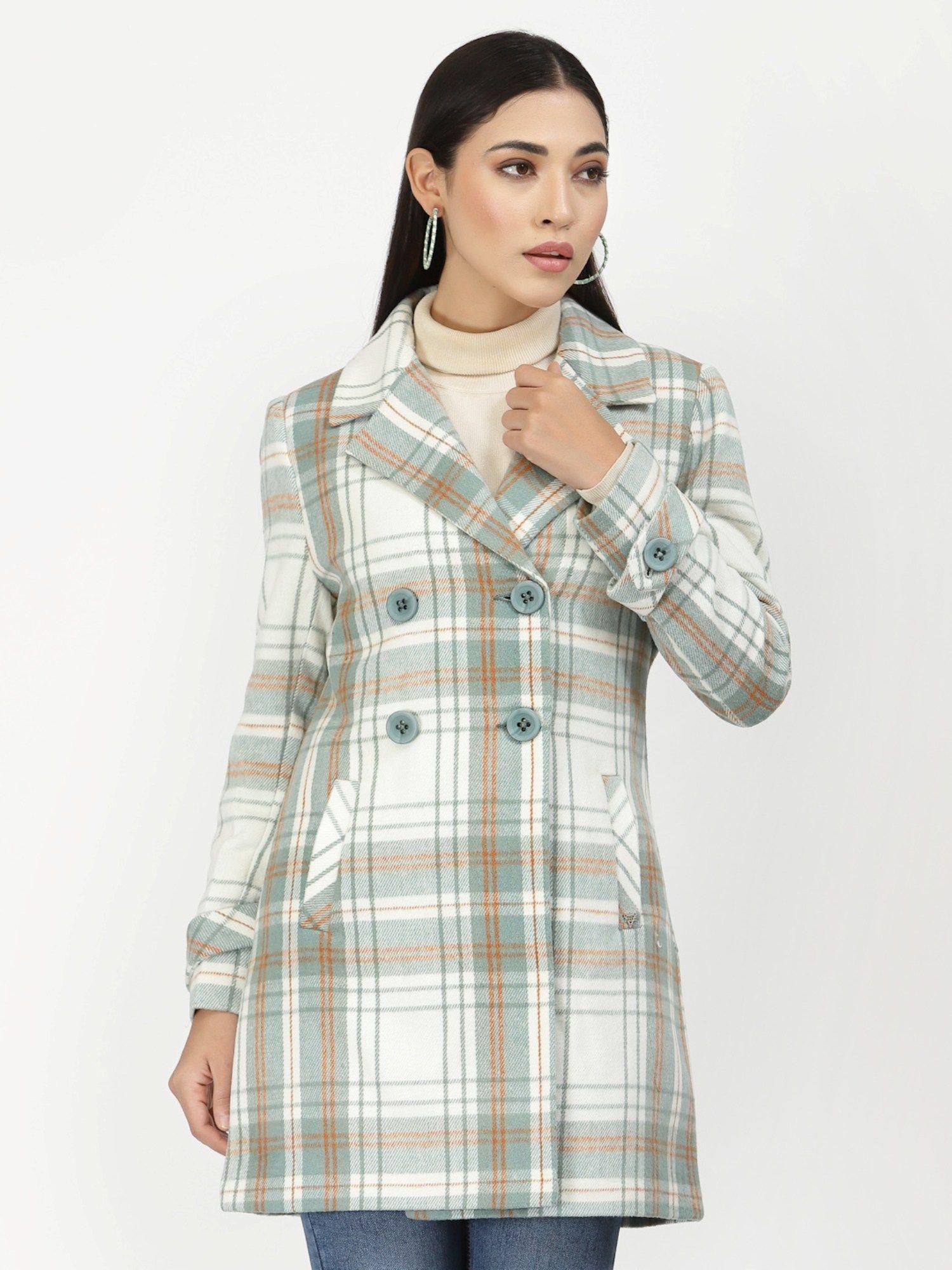 women green checked double-breasted coat