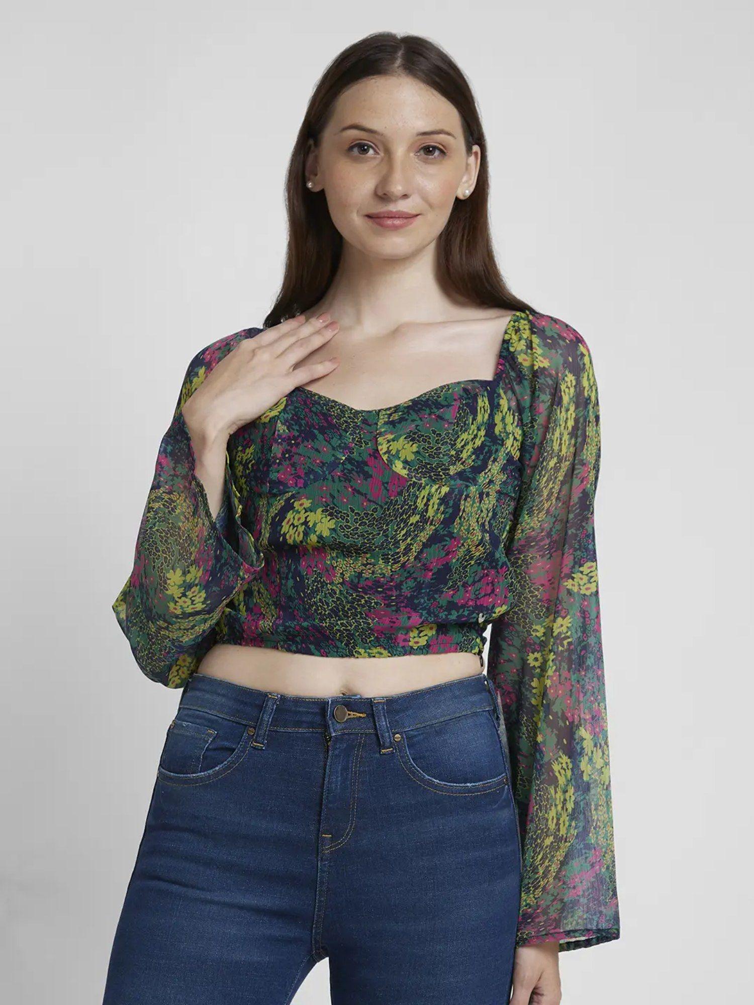 women green chiffon slim fit flared sleeve v-neck printed crop top