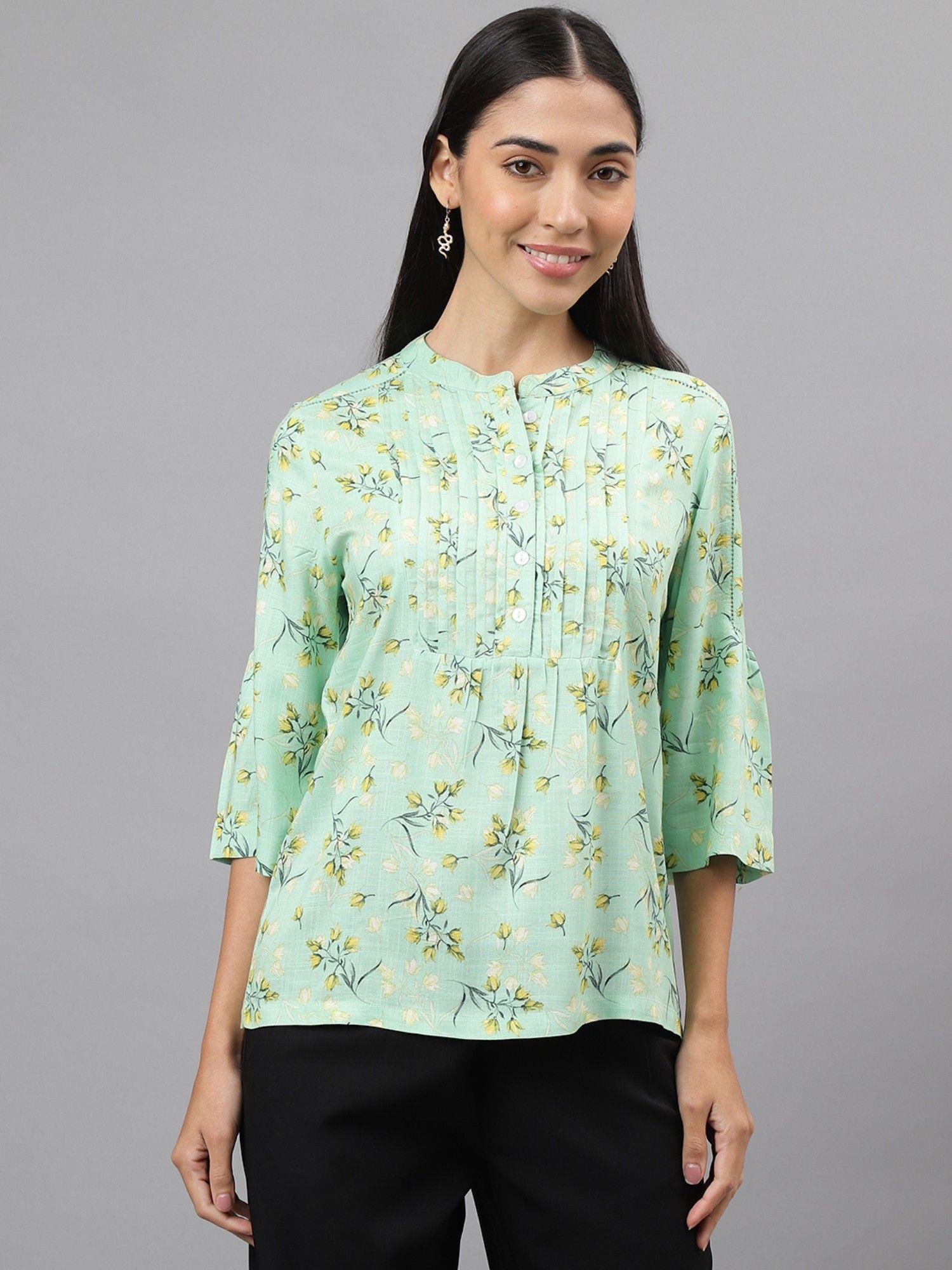 women green color floral print top