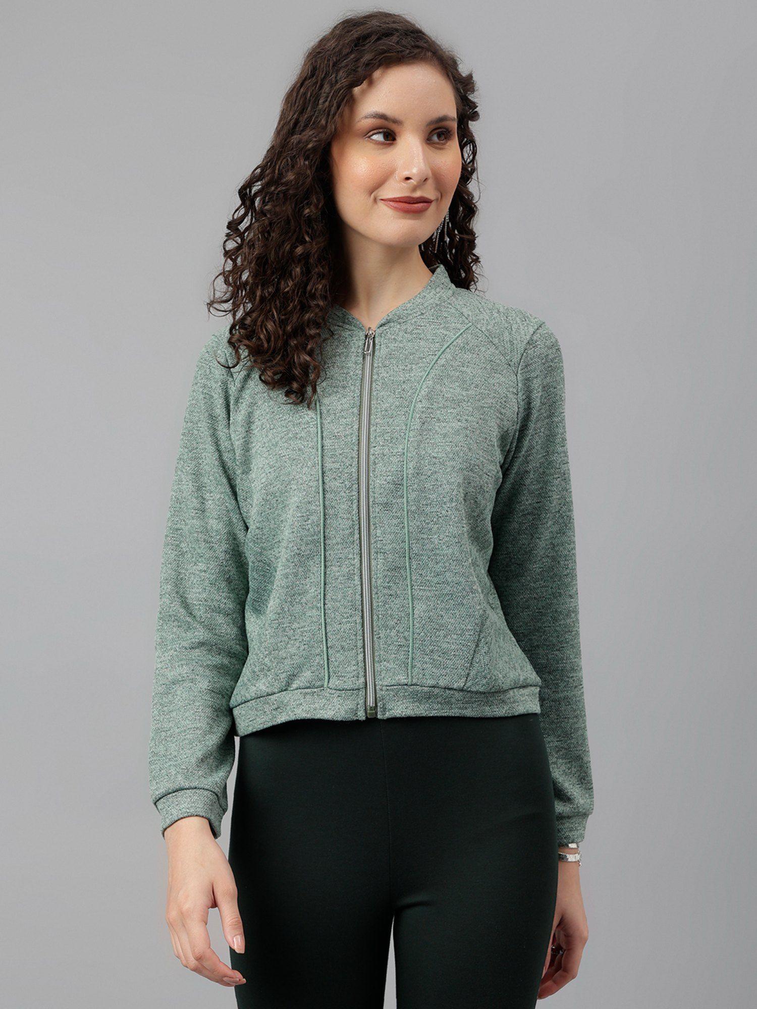 women green color with front zip full sleeve jacket