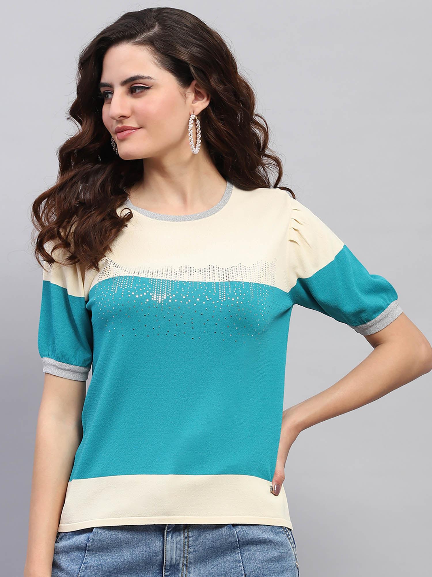 women green colorblock half sleeves round neck top