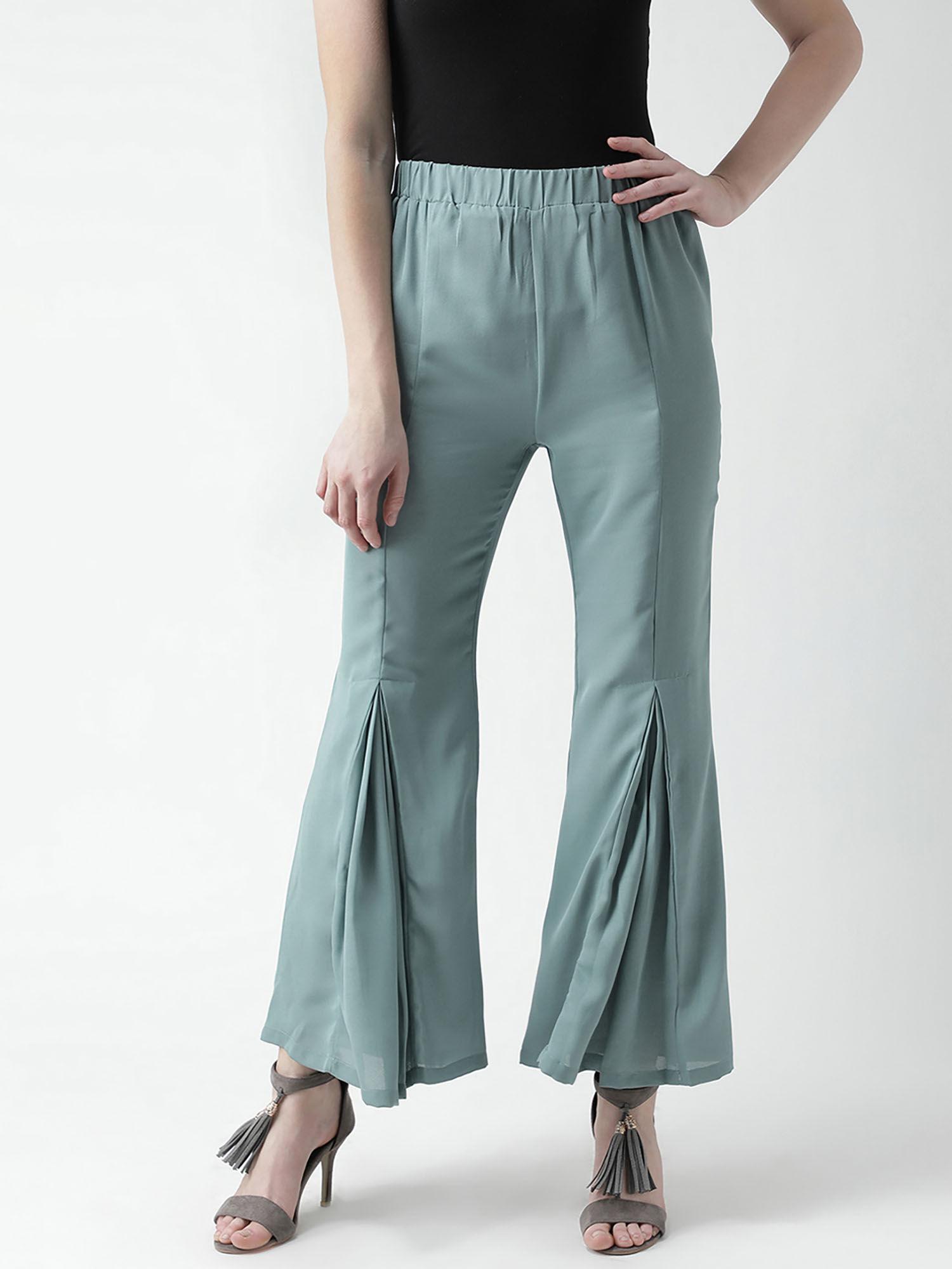 women green comfort fit solid flared mid waist pant