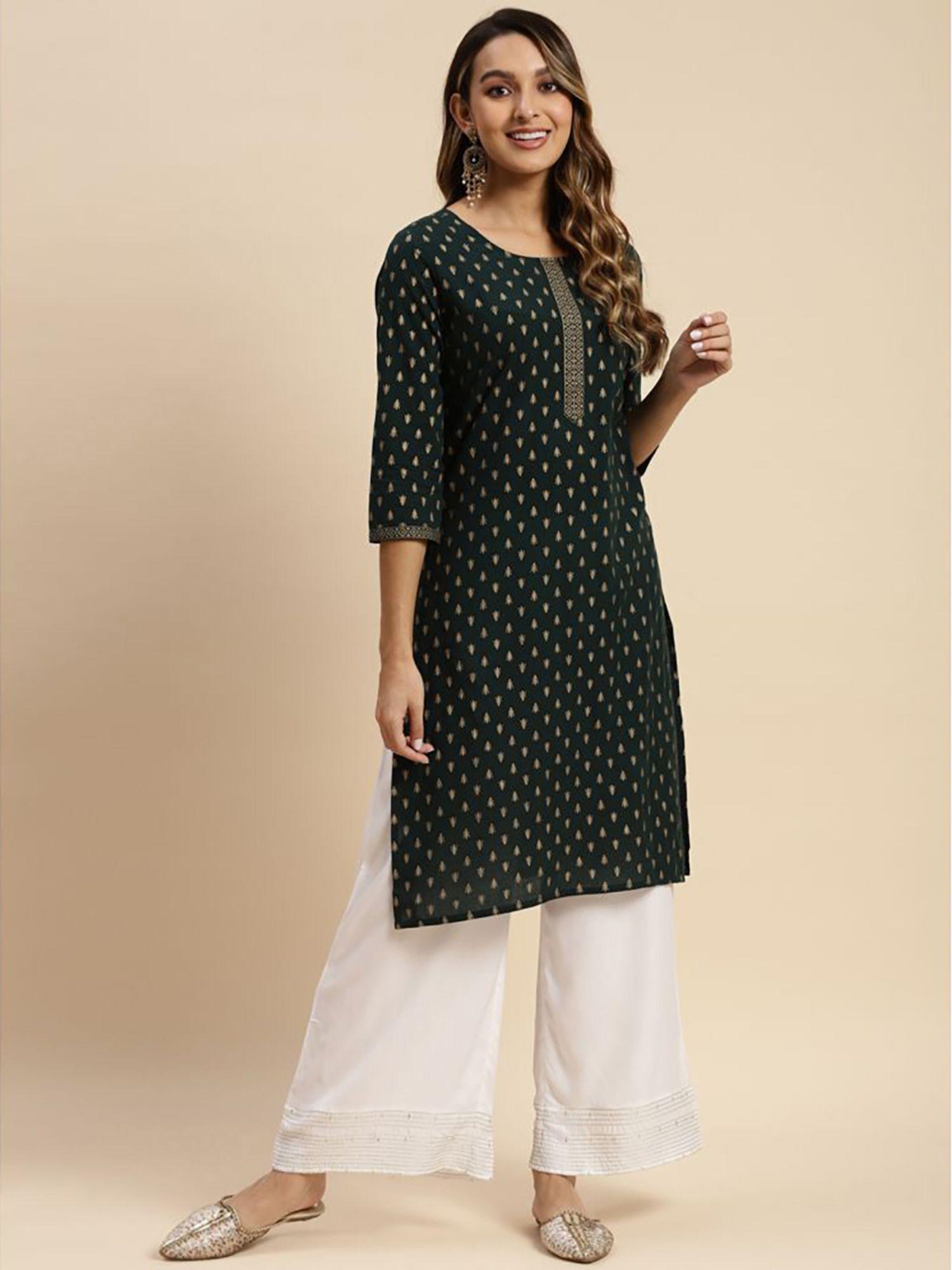 women green cotton all over gold ethnic printed knee length straight kurta