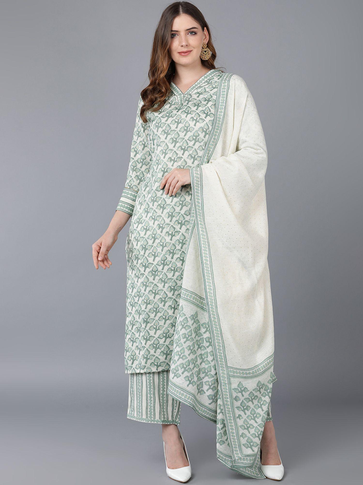 women green cotton blend ethnic motifs printed kurta pant with dupatta (set of 3)