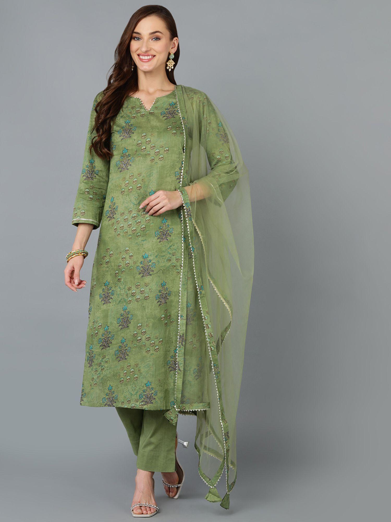 women green cotton blend floral straight suit (set of 3)