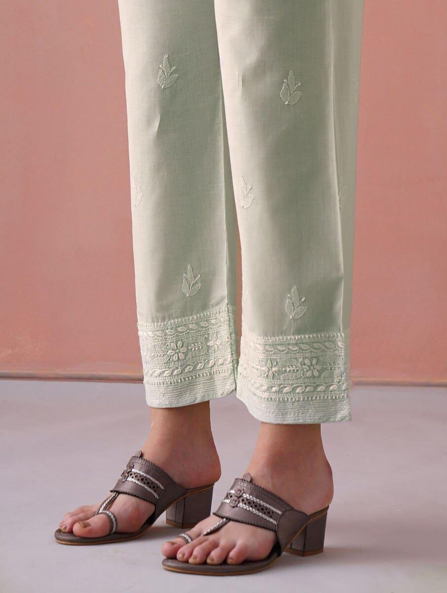 women green cotton embroidered ankle length regular fit pants