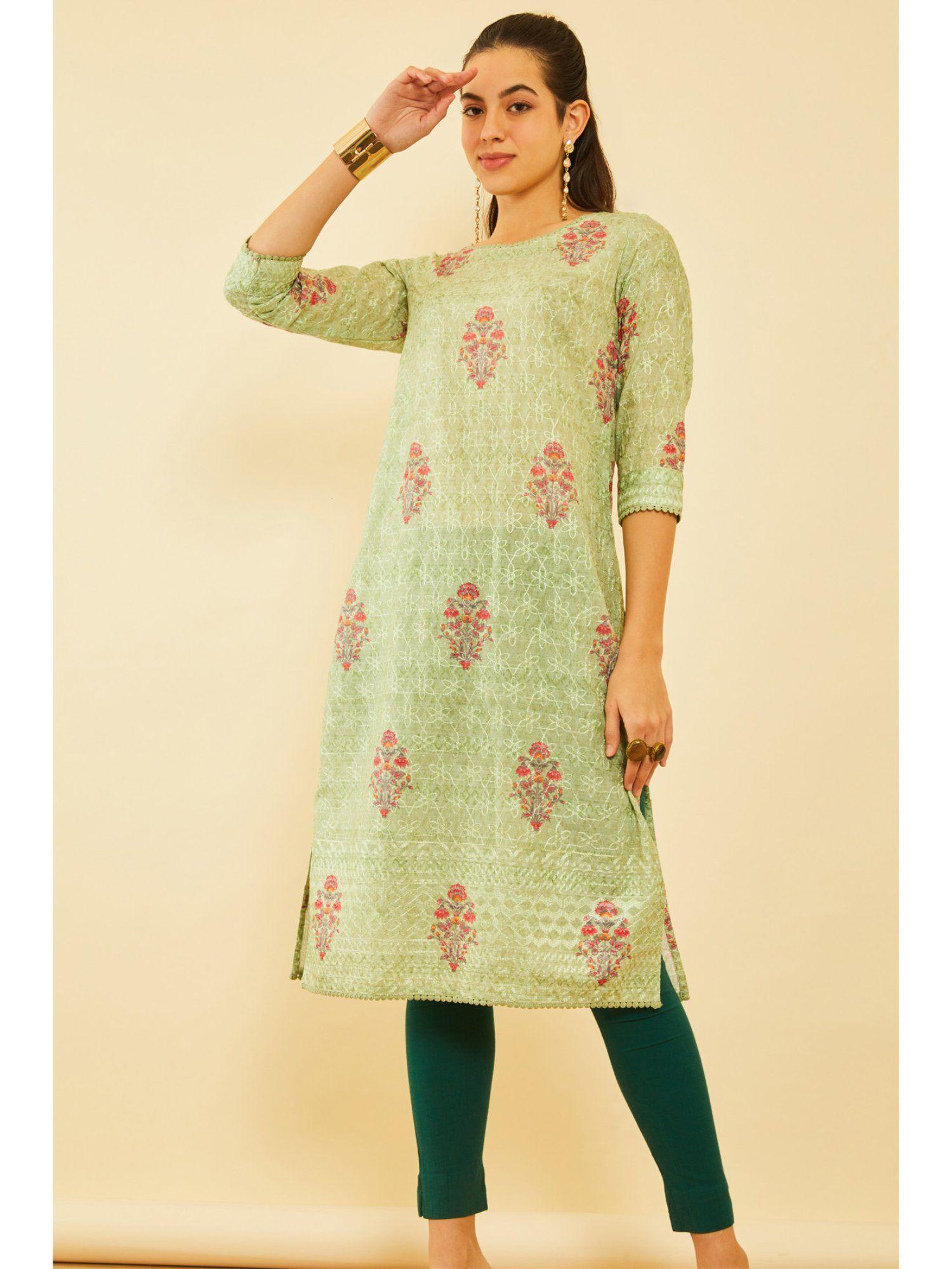 women green cotton embroidered kurta