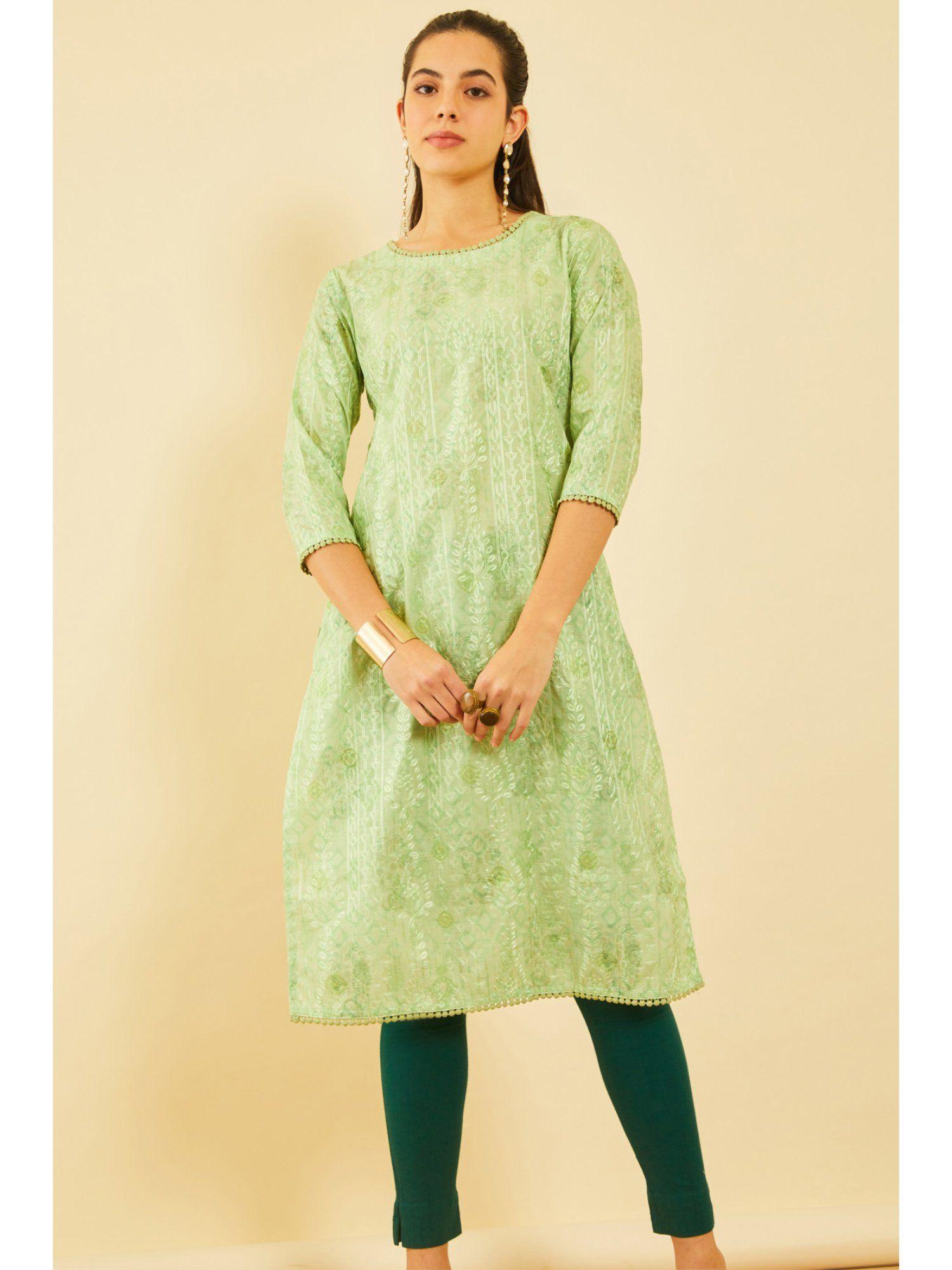 women green cotton embroidered kurta