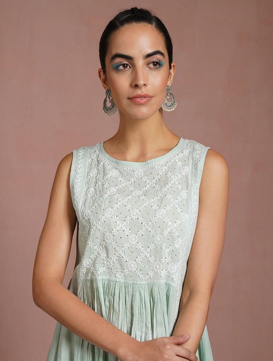 women green cotton embroidered round neck regular fit dresses