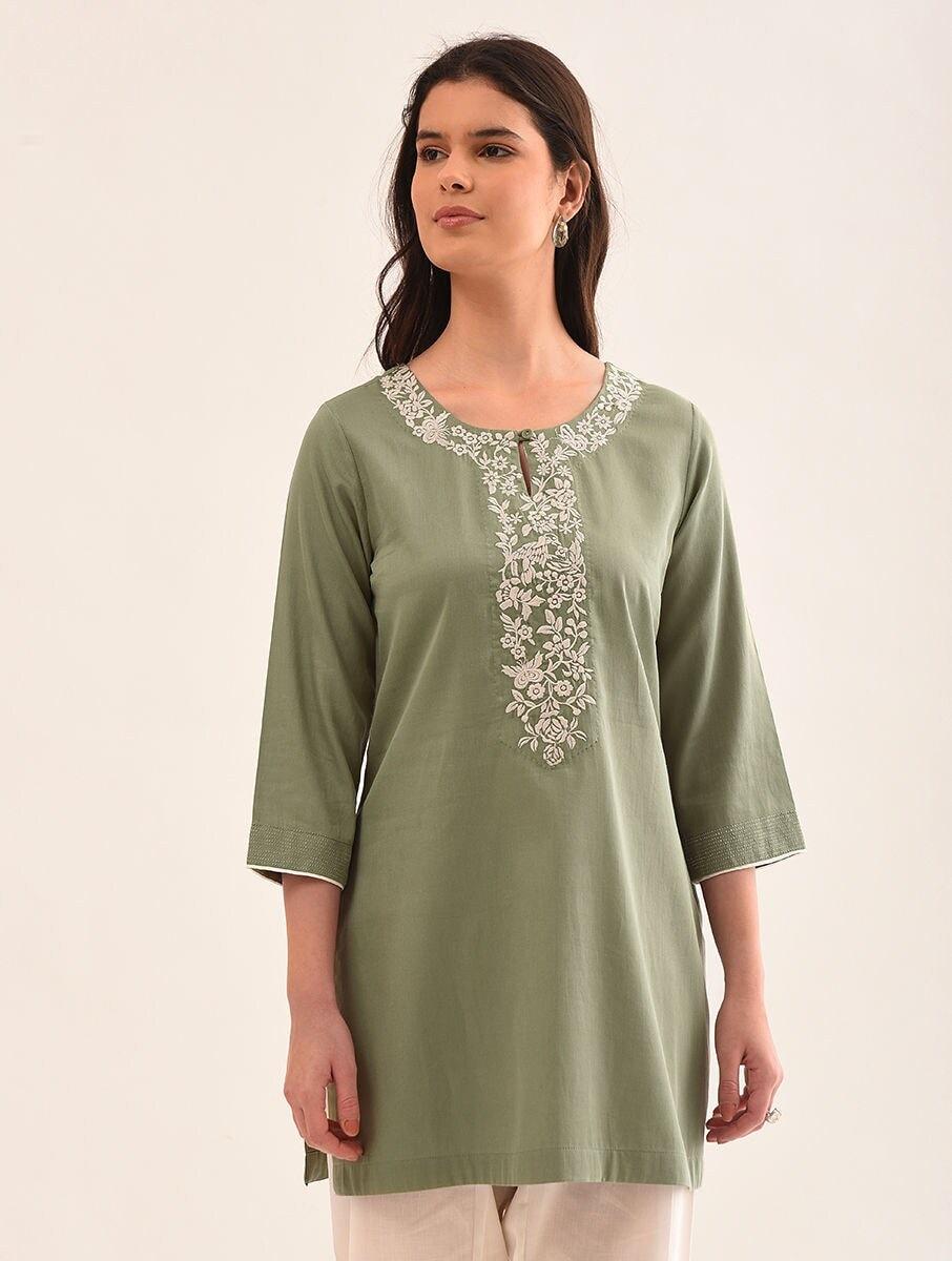 women green cotton embroidered round neck regular fit tunics