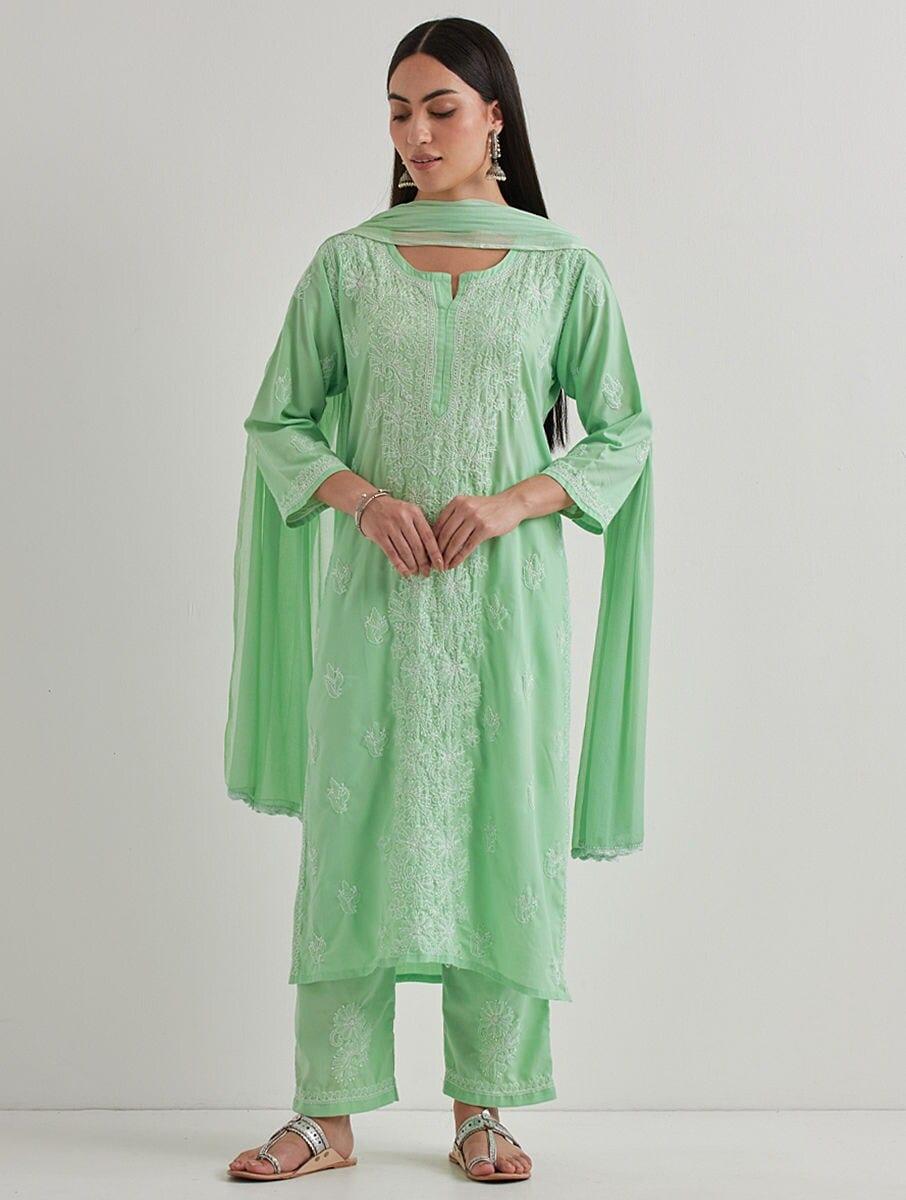 women green cotton embroidered round neck straight kurta , pant & dupatta