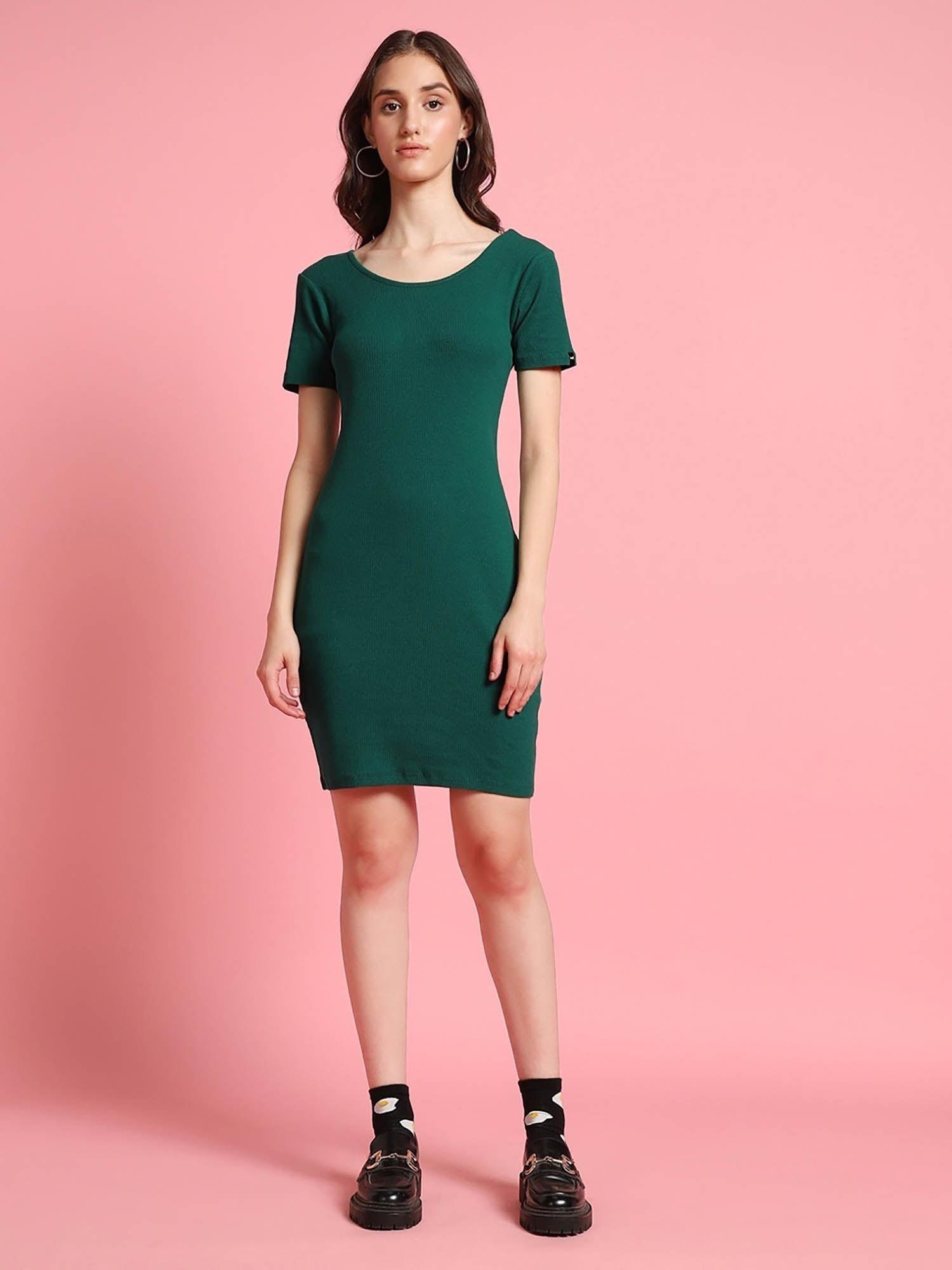 women green cotton lycra solid mini dress