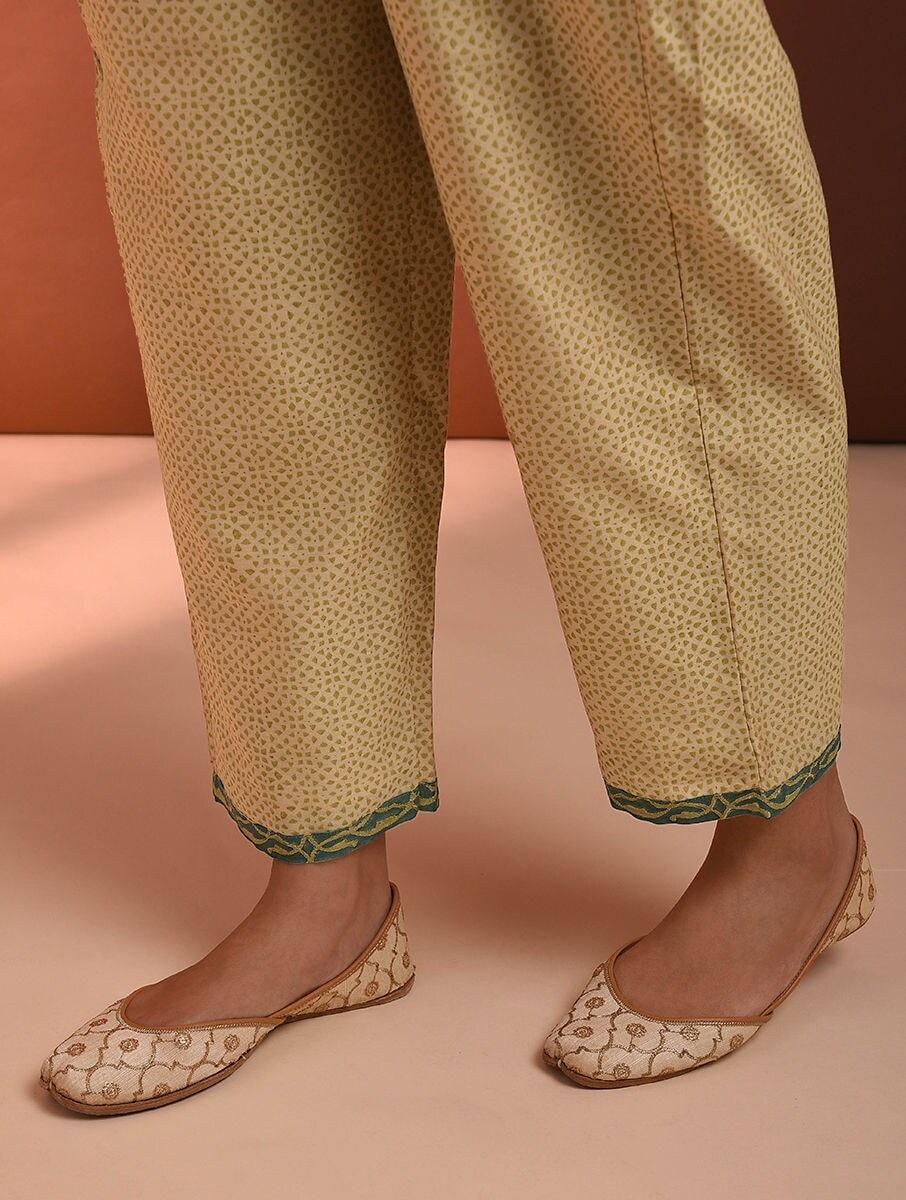 women green cotton silk block print ankle length palazzo