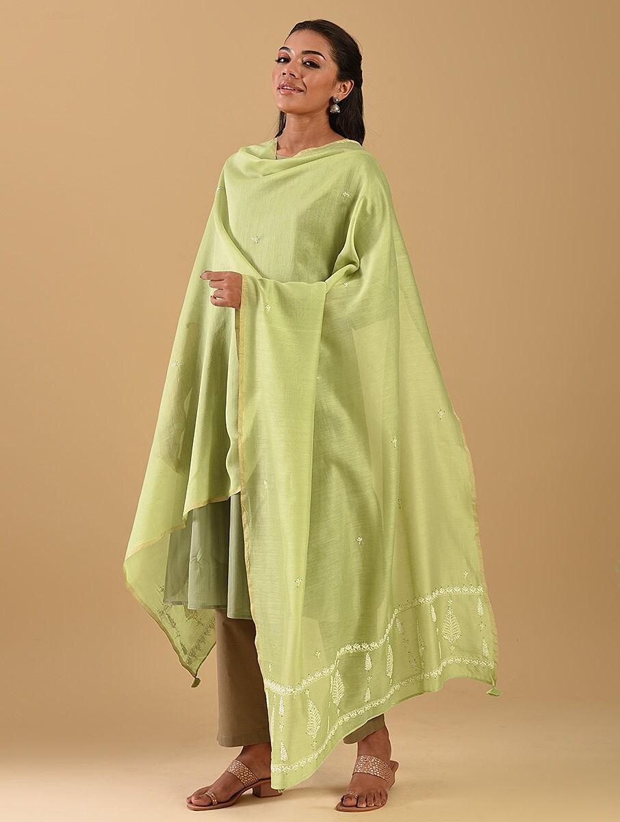 women green cotton silk chikankari dupatta