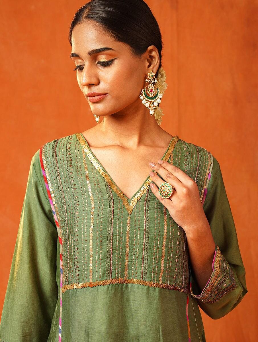 women green cotton silk hand embroidery v neck a line kurta with salwar