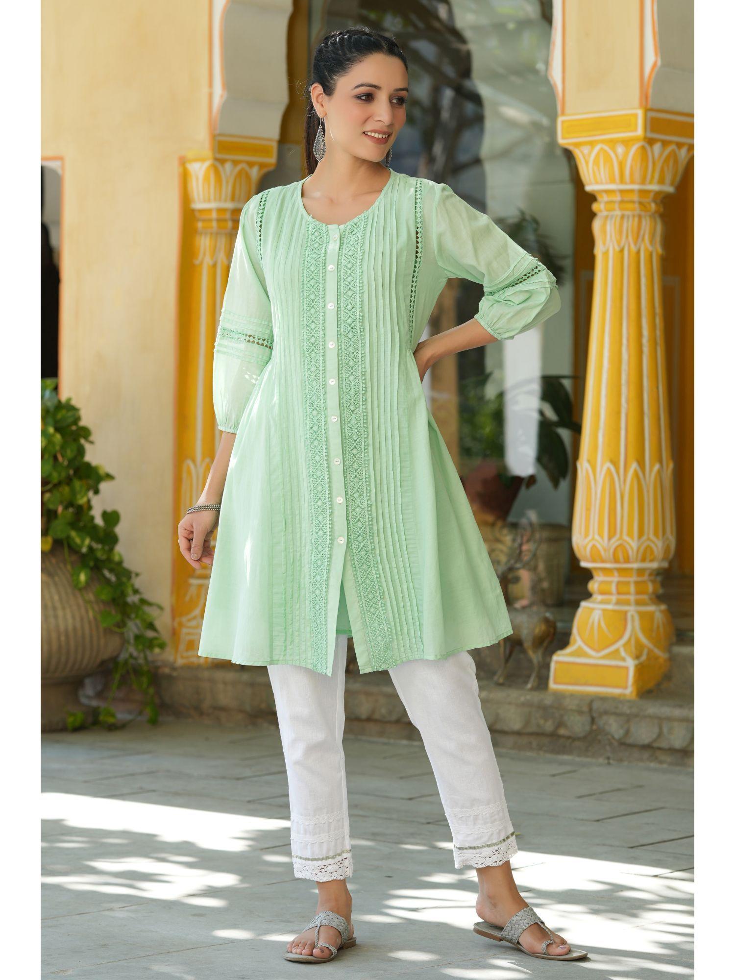 women green cotton silk lace a-line kurtis