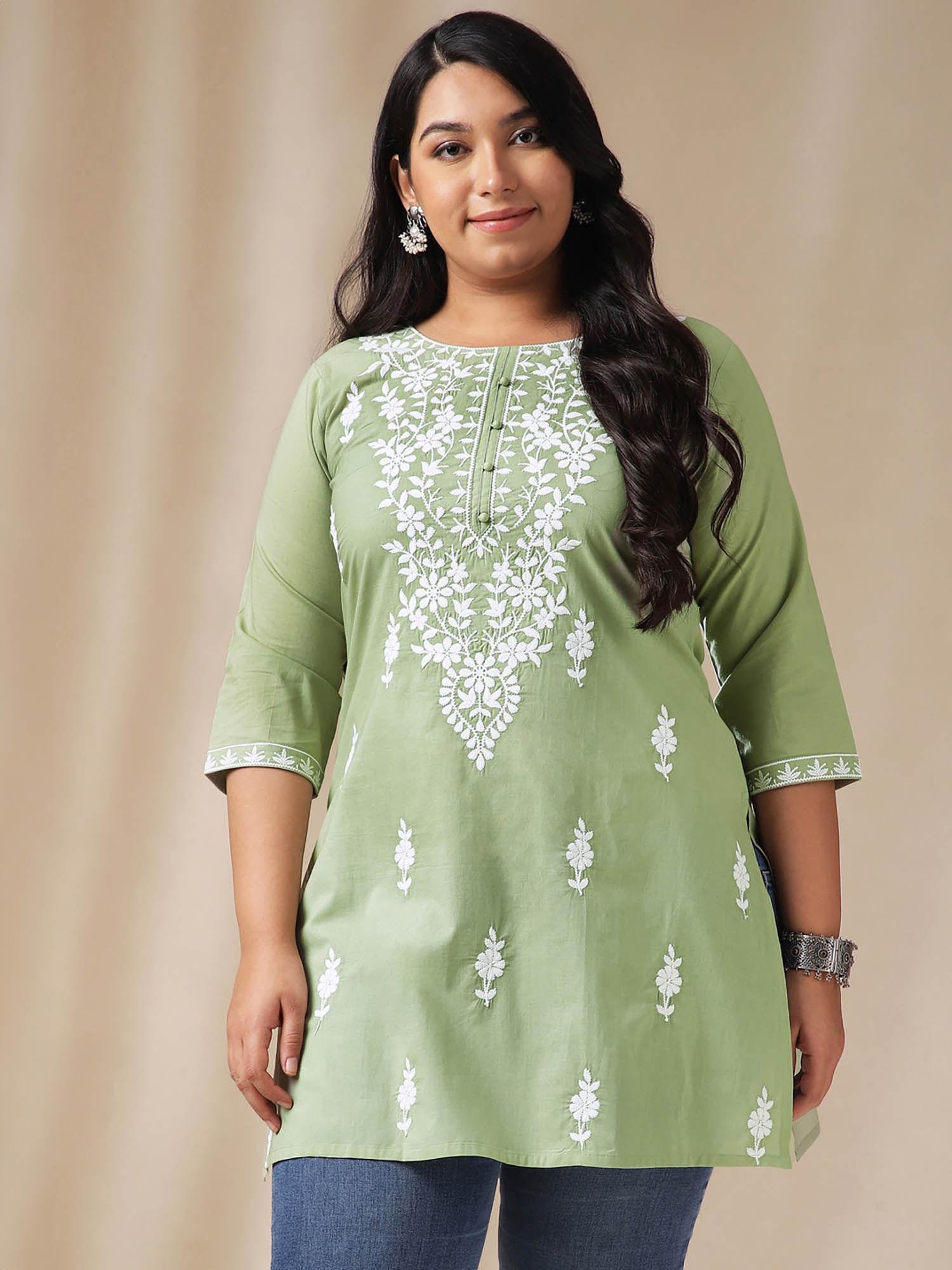 women green cotton thread work embroidered kurti