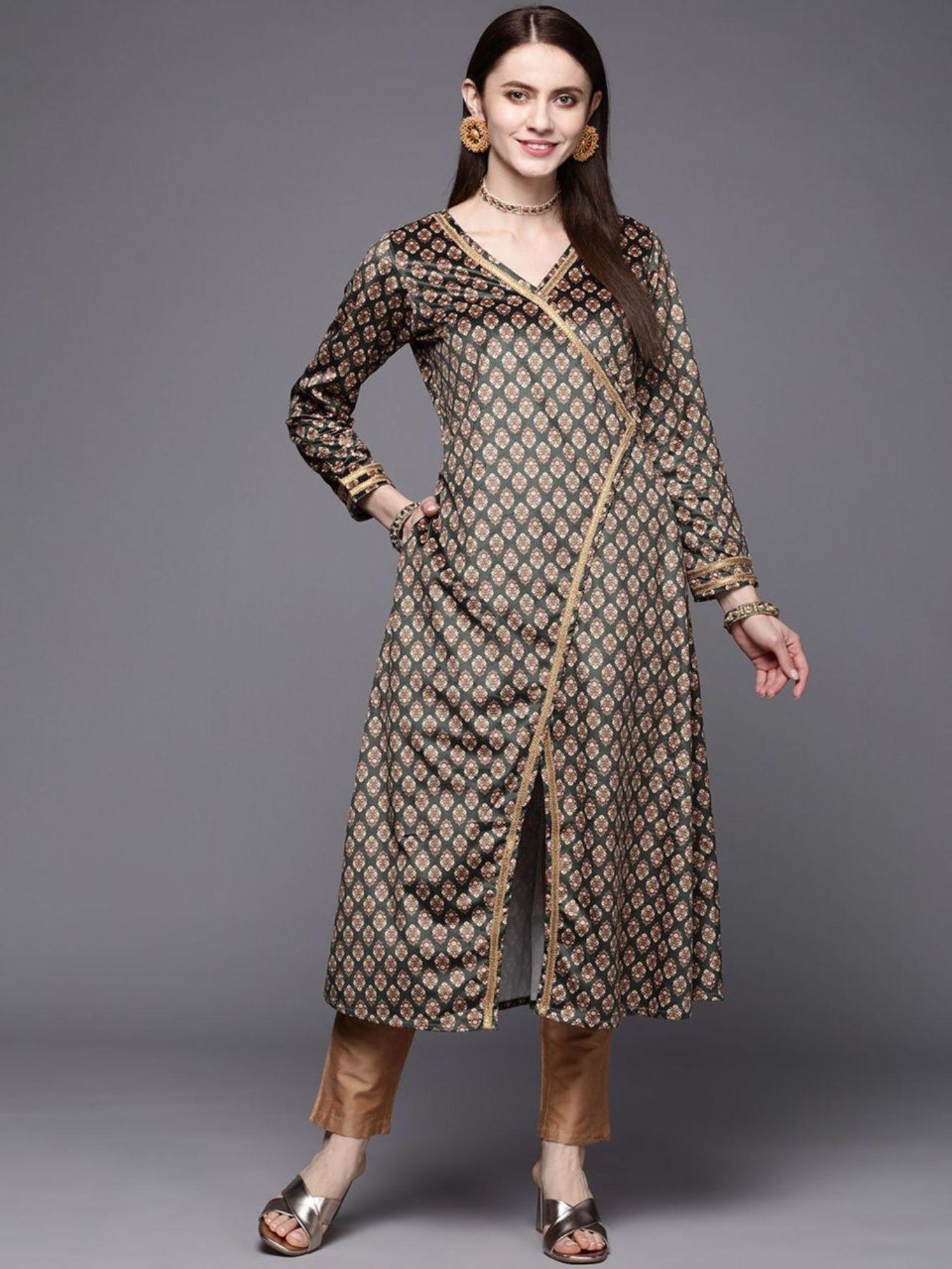 women green cream coloured floral printed velvet kurta