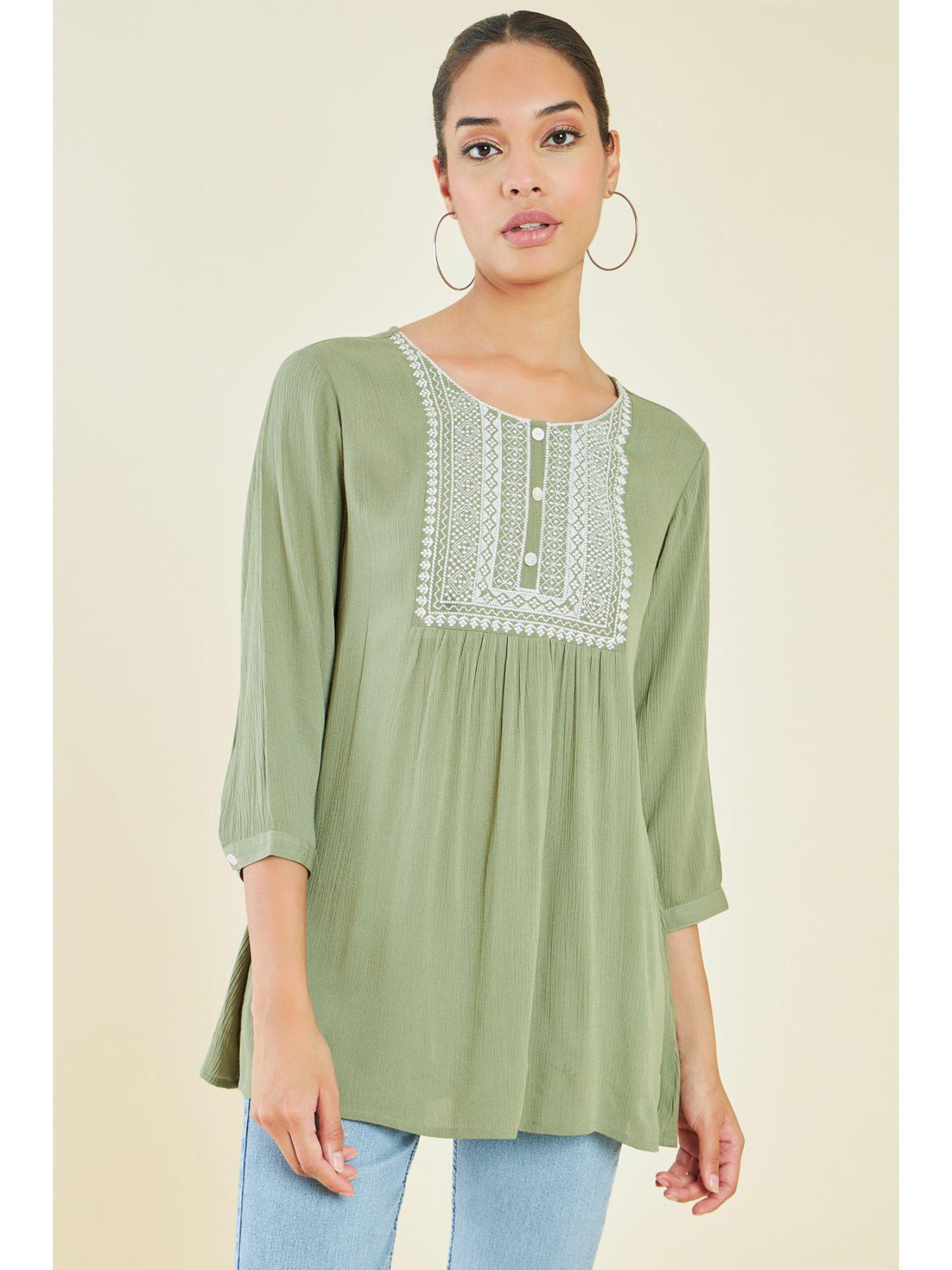 women green crepe embroidered tunic