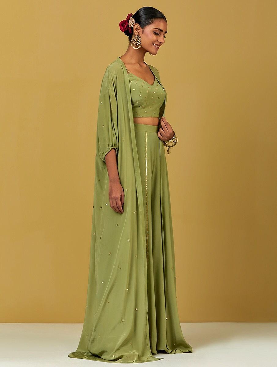 women green crepe full length palazzo