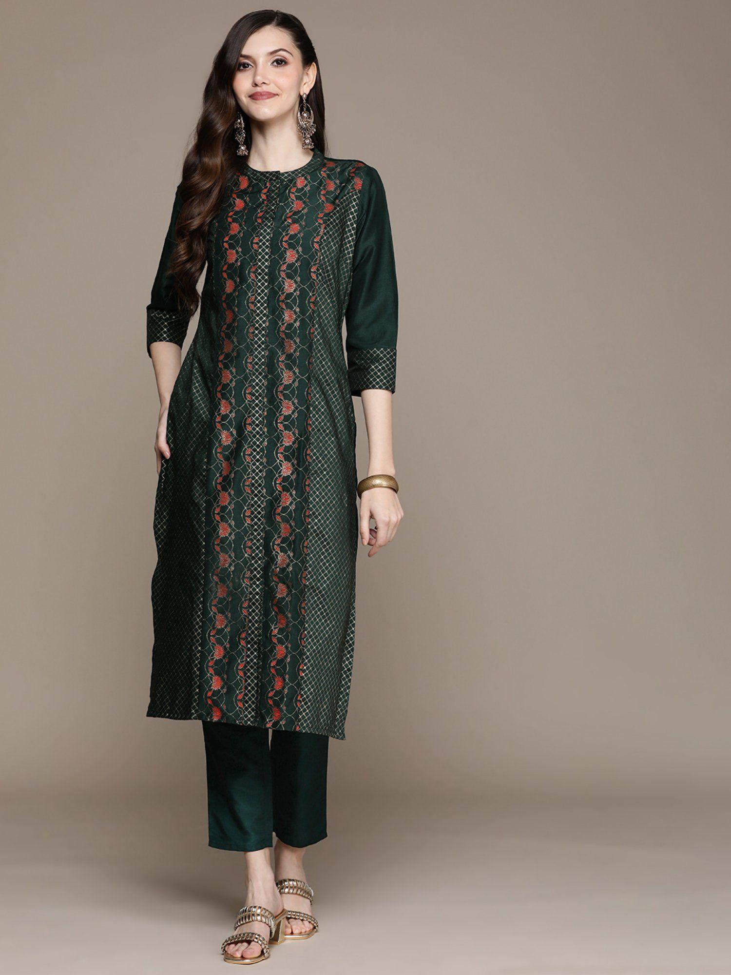 women green crepe straight kurta and pants (set of 2)