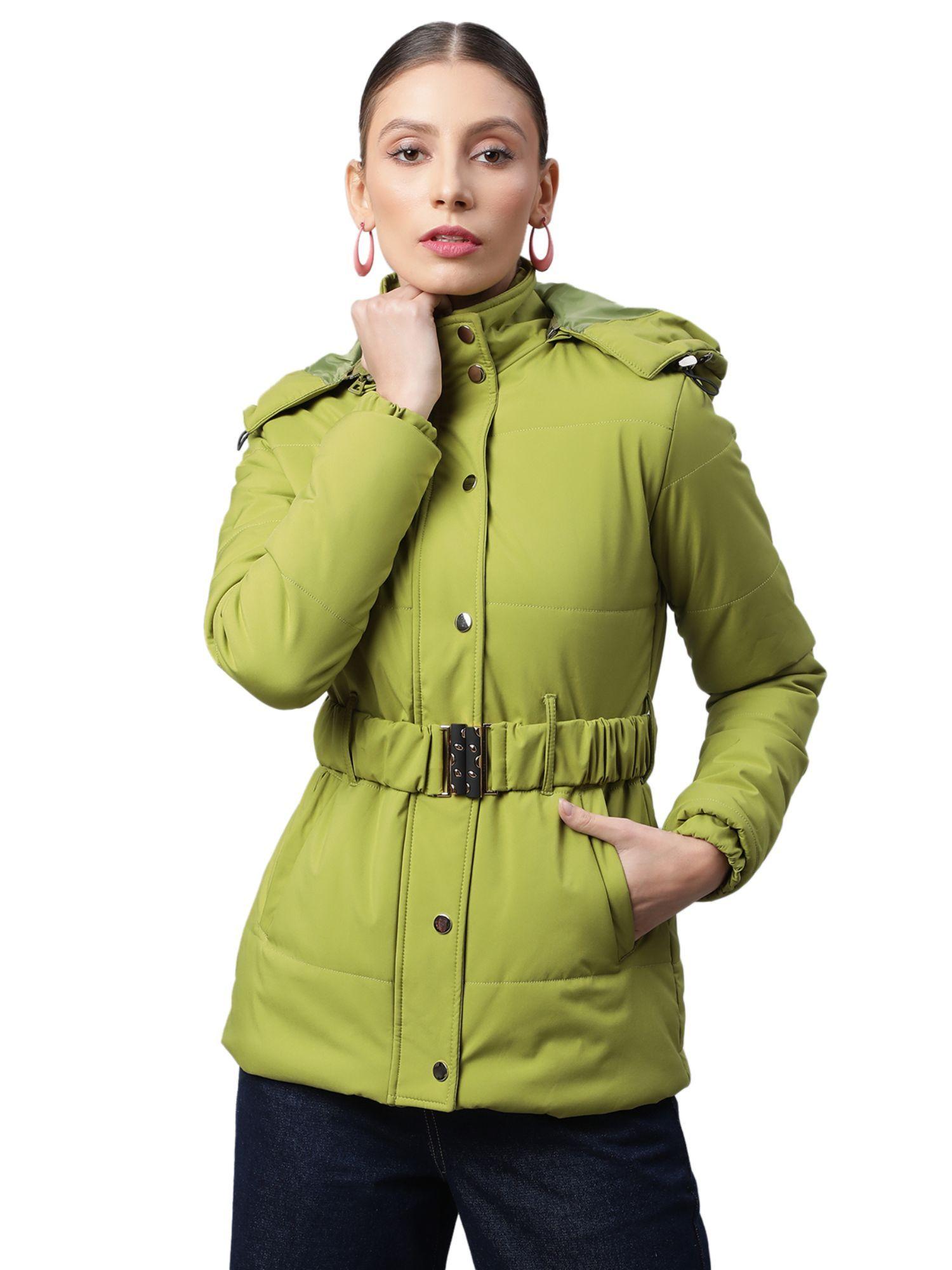 women green detachable hood puffer jacket with belt (set of 2)