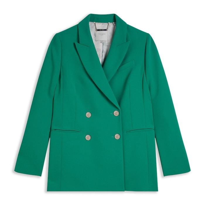 women green double-breasted blazer with embossed buttons