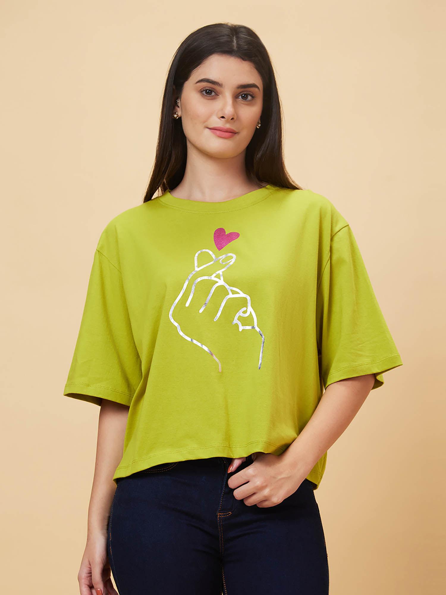 women green drop shoulder korean graphic printed oversized trendy crop t-shirt