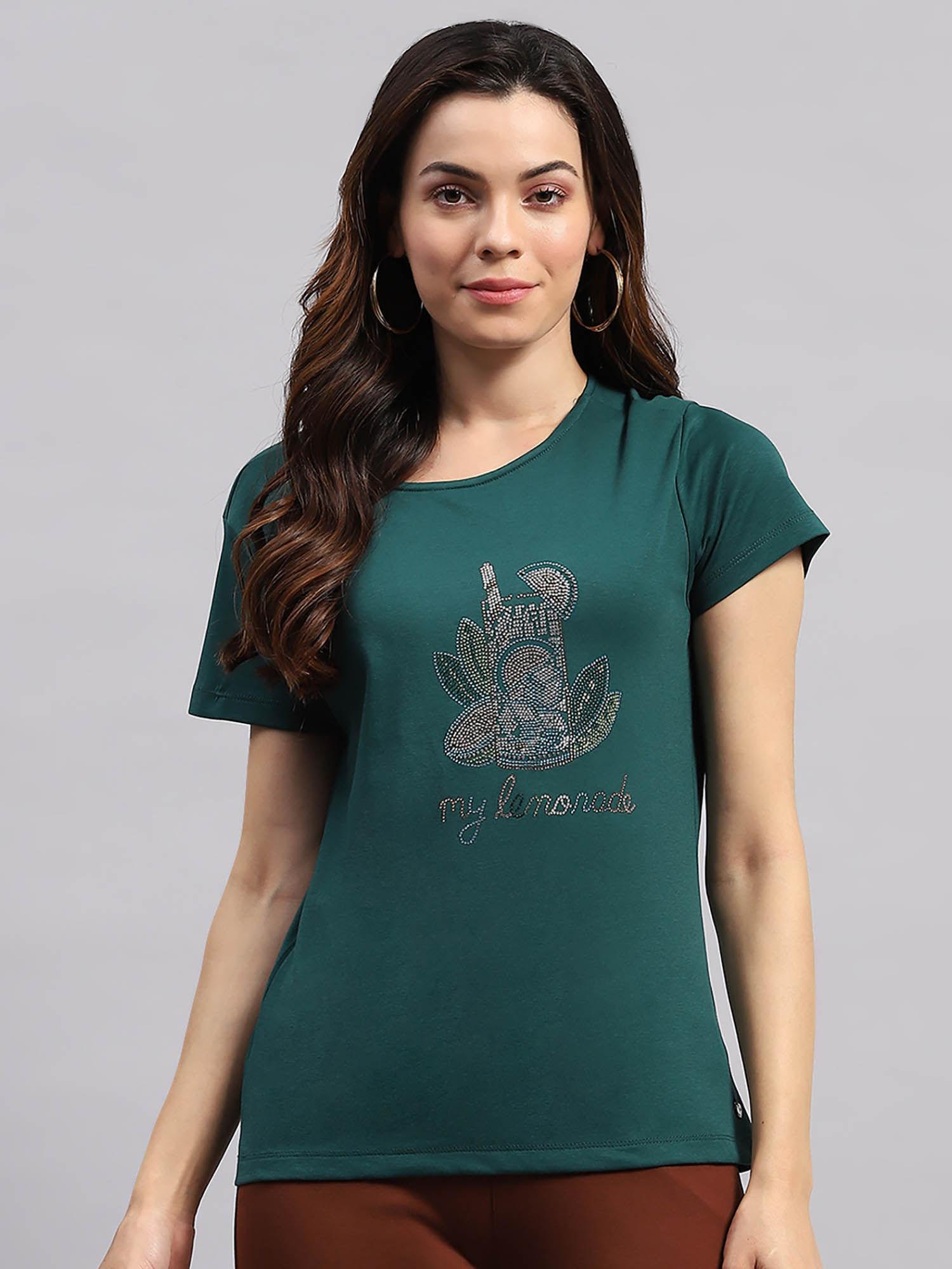 women green embellished half sleeves round neck top