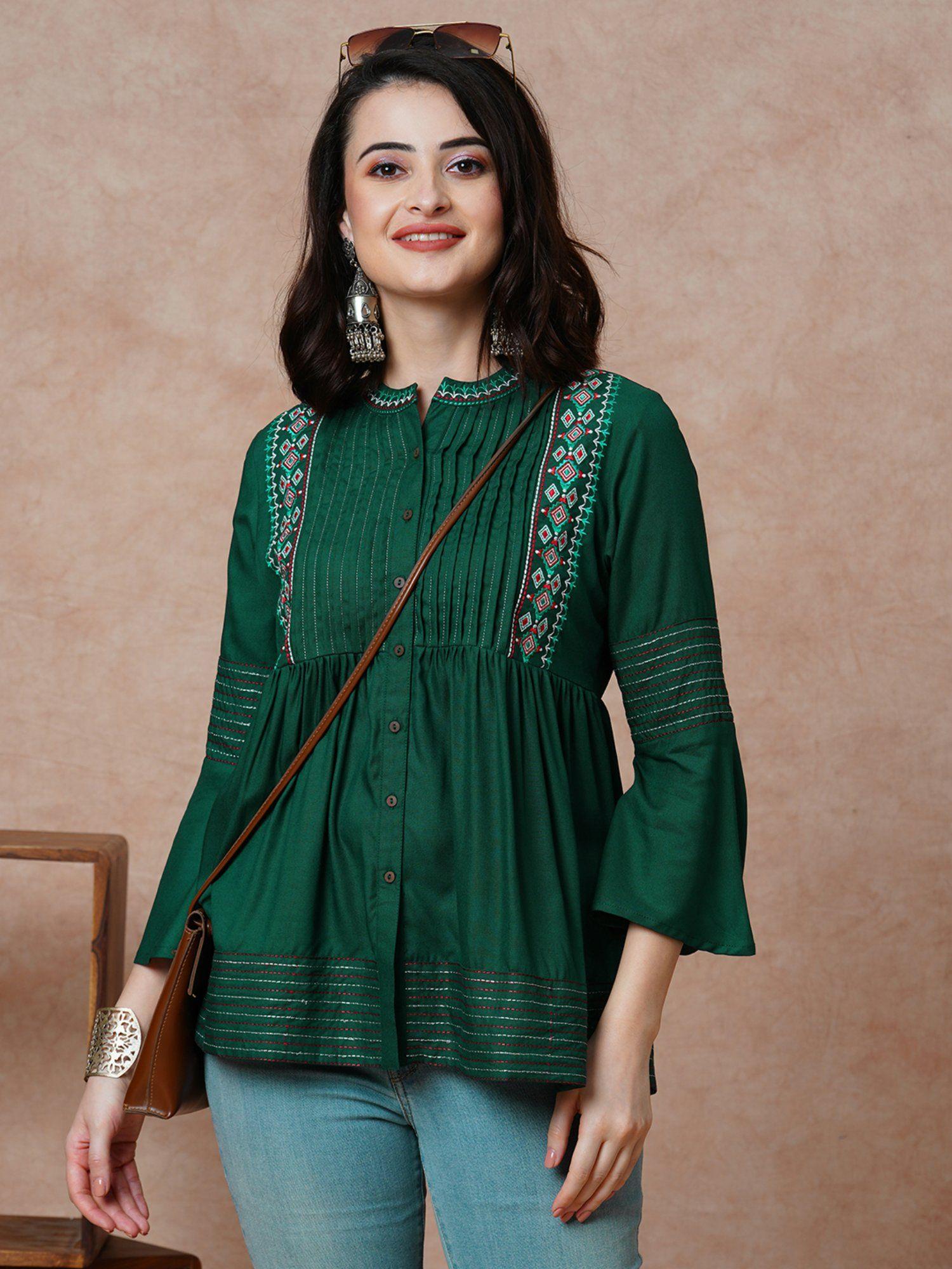 women green embroidered & accordion pleats yoke mandarin collar bell sleeves a-line tunic