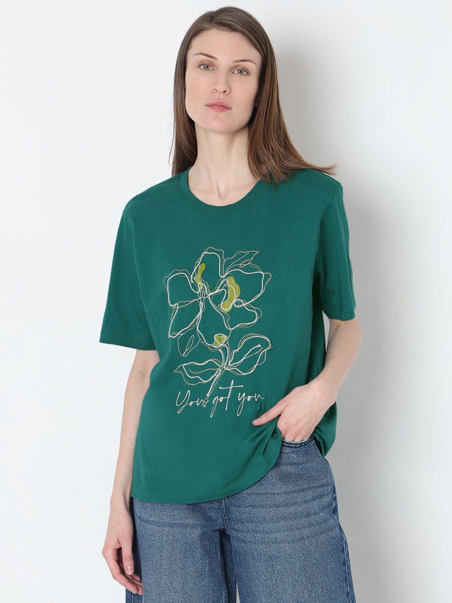 women green embroidered comfortable fit t-shirt