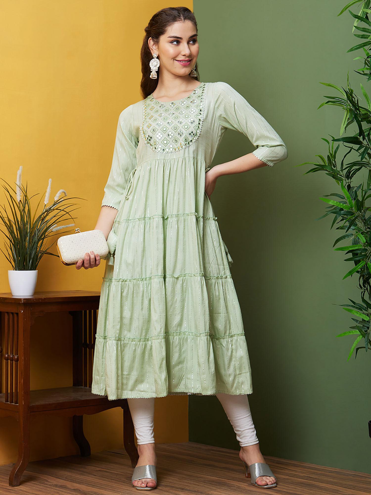 women green embroidered cotton daily wear round neck a-line kurta